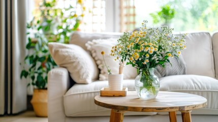 A beautifully arranged floral centerpiece sits on a white outdoor couch, surrounded by lush greenery and a peaceful lake view in bright daylight