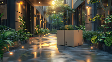A cardboard box is sitting on a wet sidewalk in front of a building