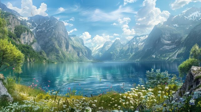 romantic summer landscape with lake and mountains