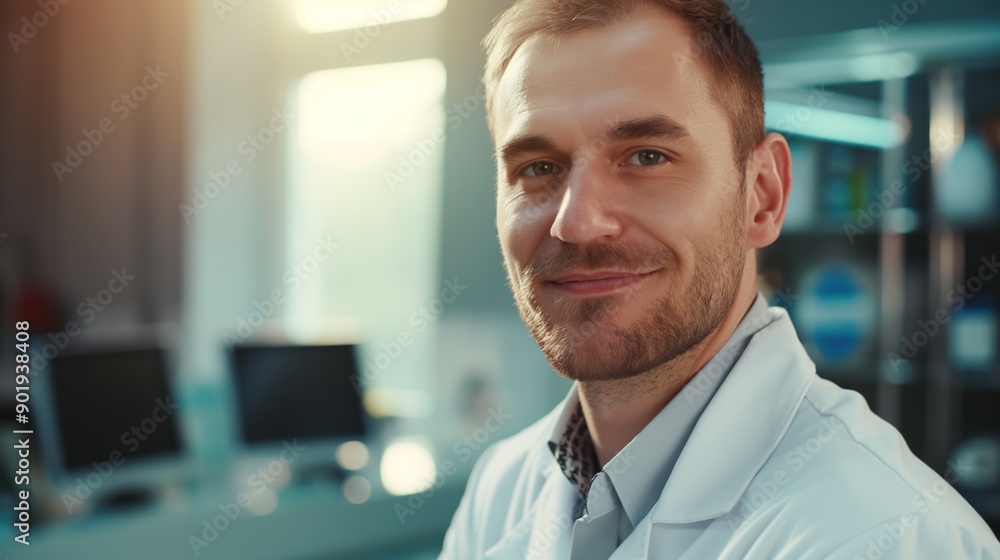 Poster confident scientist in modern lab, smiling at camera, analyzing data with microscope. passionate abo