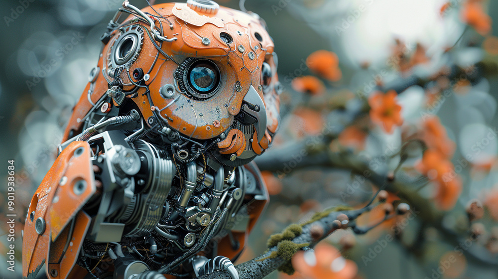 Poster a robot owl is perched on a tree branch