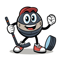 Obraz premium Vector Hockey puck comic character with arms, legs, skates and a ice hockey stick Clipart illustration On a White Background