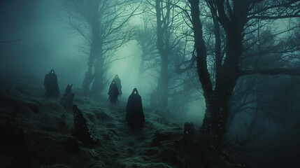 A group of four people are walking through a forest at night