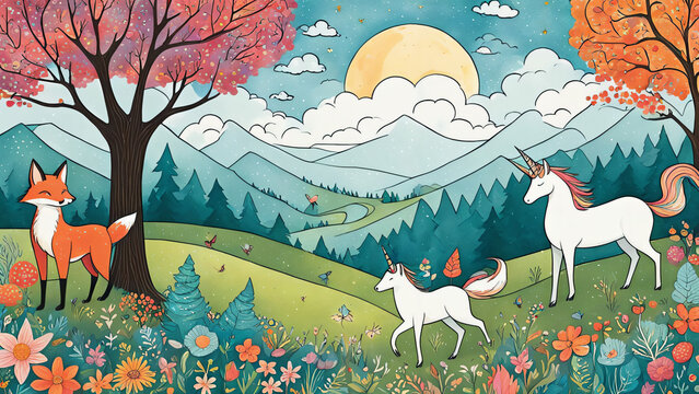 gemalte Fantasywelt mit einem Fuchs und 2 Einh&ouml;rner in einer freundlichen Landschaft . KI Generated 