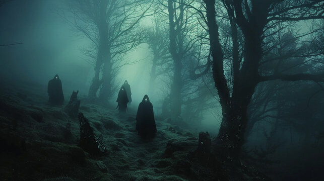 A group of four people are walking through a forest at night