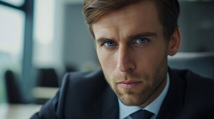 Fototapeta premium Confident businessman in a sleek suit and tie gazes directly at the camera, exuding success and professionalism in a corporate setting. Perfect for business finance themes