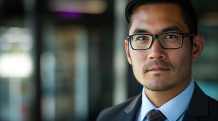 Fototapeta premium Young businessman with glasses is standing in the lobby of an office building. He is wearing a suit and tie and has a serious expression on his face