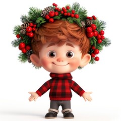 3D Cartoon Teenage Boy Wearing A Wreath On His Head, Looking Festive