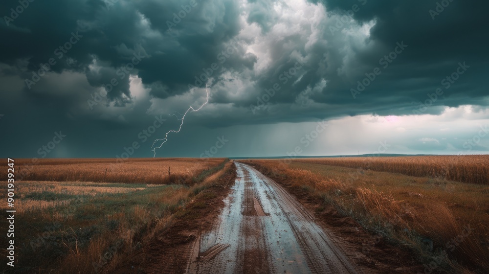 Poster a stormy sky with a lightning bolt and a road in the middle of a field