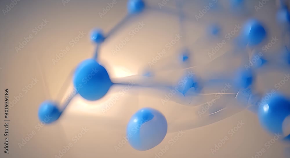 Poster molecular structure with transparent blue atoms connected by thin rods set against a gradient blue b