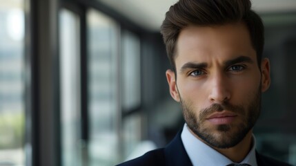Confident businessman in sleek office building, gazing out window with intense, focused expression. Sharp suit, determined look. Successful, ambitious leader in modern business world