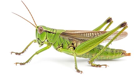 one single green grasshopper on white background