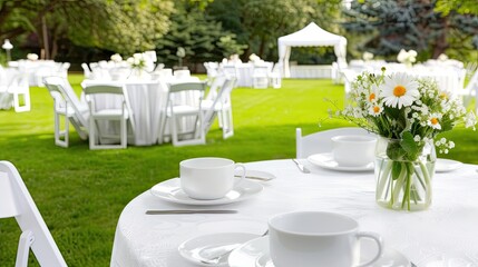 Fototapeta premium A beautiful arrangement of white chairs in a park, featuring a floral centerpiece on one chair, set for a wedding ceremony in the sunlight