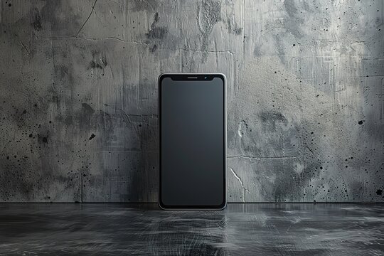 A black cell phone is sitting on a concrete floor