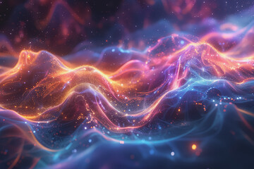 Images depict flow, expansion, and limitlessness using energetic particles and fractal patterns.