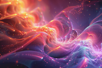 Images depict flow, expansion, and limitlessness using energetic particles and fractal patterns.