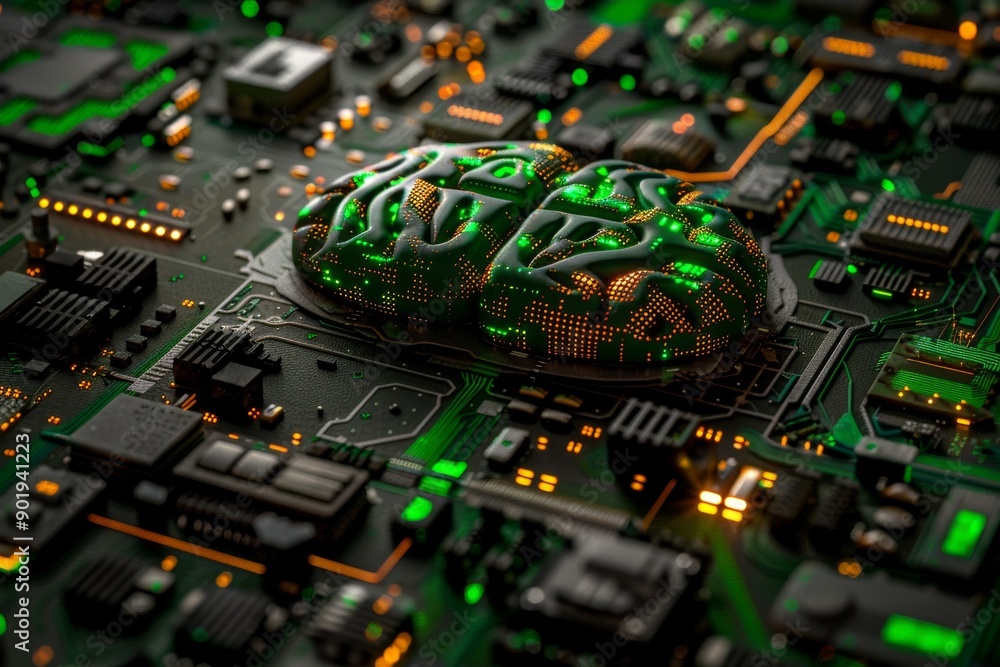 Aufkleber futuristic brain with glowing green circuitry symbolizing technology and connectivity in a high tech