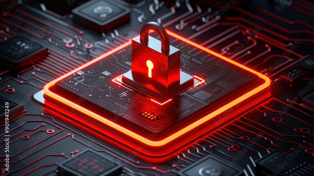 Poster glowing lock icon on a red and black circuit board symbolizing cybersecurity and data protection in 
