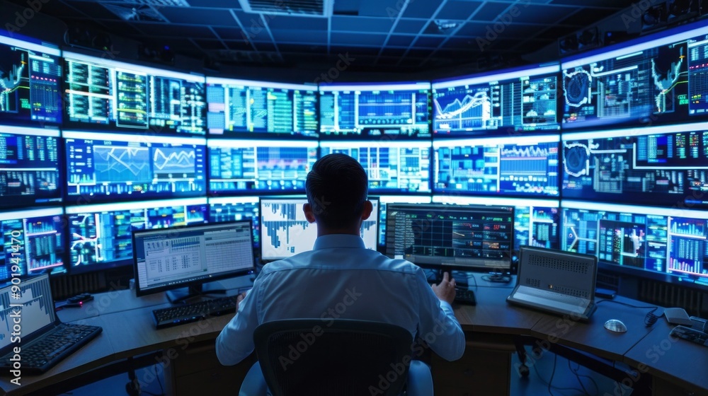 Poster A man is sitting in front of a computer monitor with many screens