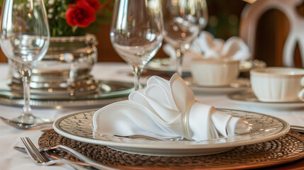 A beautifully set dining table with elegant folded napkins.
