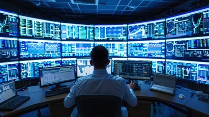 A man is sitting in front of a computer monitor with many screens