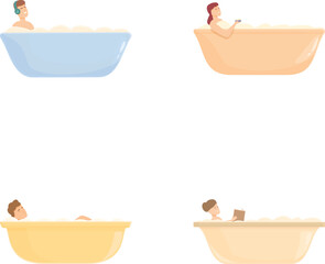 Collection of cartoon characters enjoying a soak in bathtubs, showcasing different relaxation poses