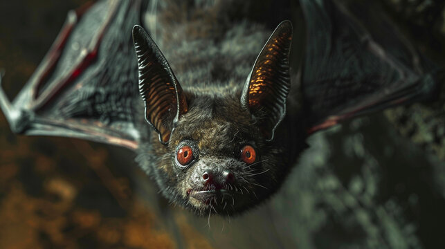 A bat with red eyes is flying in the air