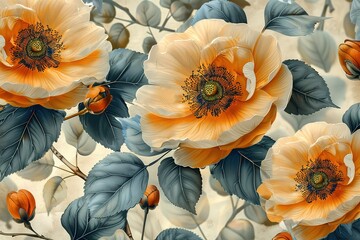 A painting of three orange flowers with blue leaves
