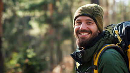 Obraz premium Young hiker is enjoying the tranquility of the forest, taking a break from his journey to appreciate the beauty of nature