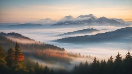 Obraz premium Foggy mountain landscape, autumn morning mist in forest beautiful nature photo