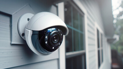 Close-up of a white security camera mounted on a residential building's exterior wall, capturing clear and detailed footage for home surveillance.