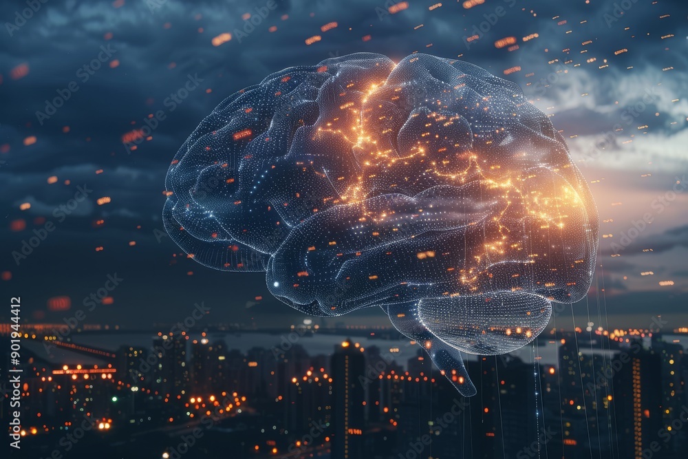 Poster futuristic brain with glowing connections in a stormy cityscape symbolizing technology and neural ne
