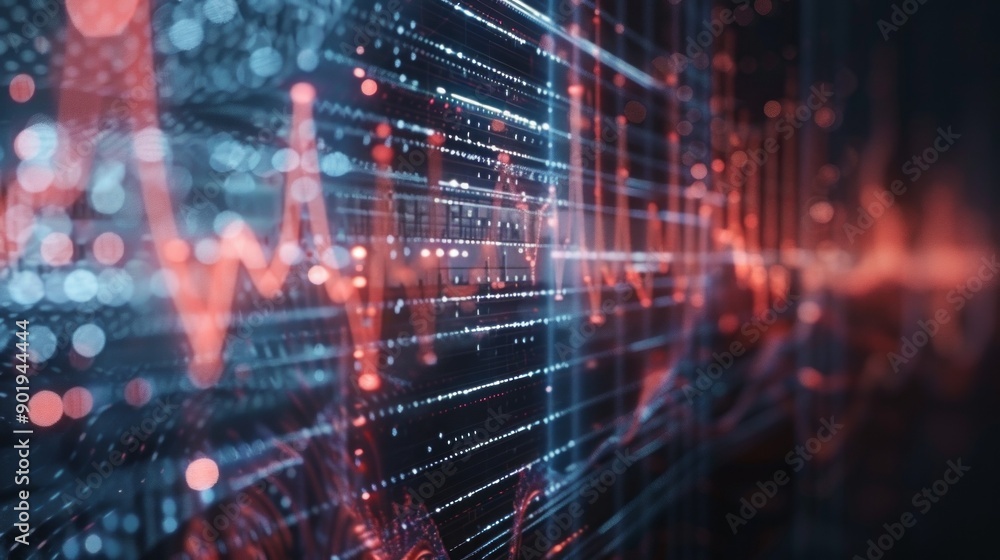 Poster A computer screen with red and blue lines and dots