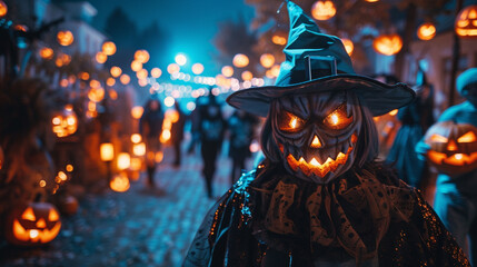 A person in a witch costume stands in front of a group of people