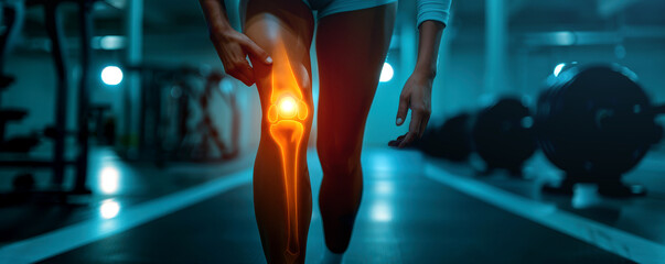 Person with knee pain highlighted in a gym setting, emphasizing sports injury and physical discomfort. Ideal for health and fitness content.