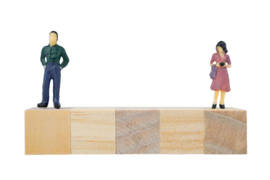  Wooden cube blocks with miniatures man and woman on transparent. - Powered by Adobe