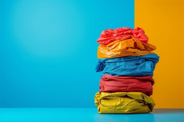 Colorful stack of crumpled fabrics on vibrant blue and yellow background