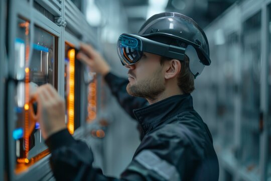 Technician using augmented reality glasses in a data center for high-tech network maintenance - Powered by Adobe