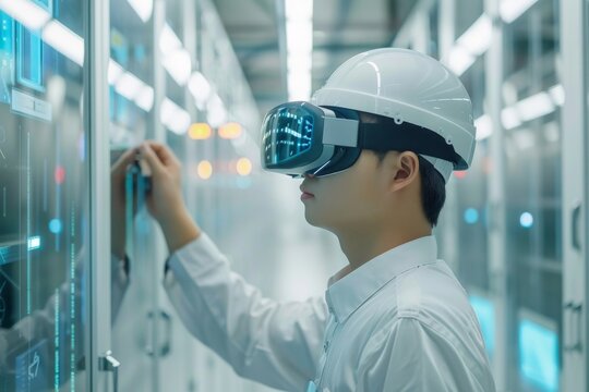 Technician using augmented reality glasses in a data center for high-tech network maintenance - Powered by Adobe