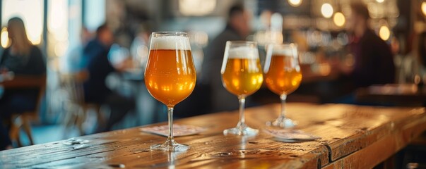 Group of friends enjoying craft beer tasting in a modern bar setting