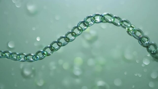 Dynamic animation of polymer chains, showing their flexibility and movement for scientific and educational content. Flexible polymer chain animation in an aquatic environment for educational videos