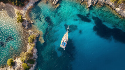 Aerial shot of beautiful sailing boat in a blue lagoon, hot summer day on vacation