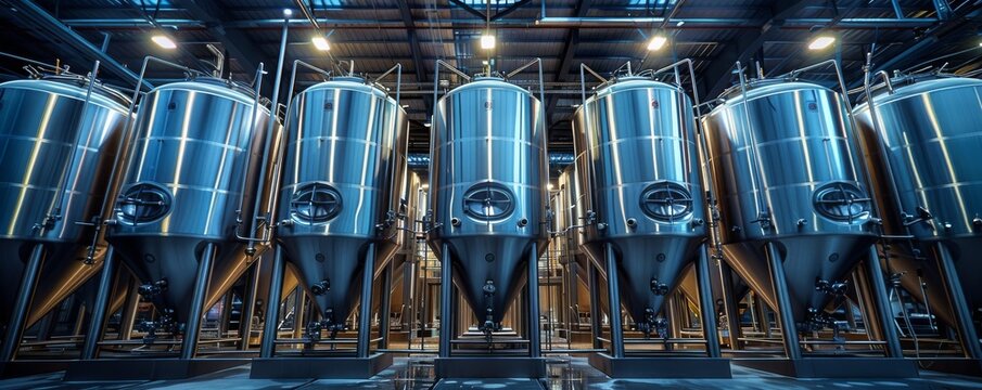 Industrial brewing facility with large steel fermentation tanks in a modern brewery
