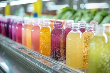 Colorful assortment of beverage bottles on a factory production line