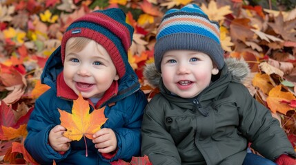 Twin Boys Playing Outdoors in Autumn with Bright Maple Leaves