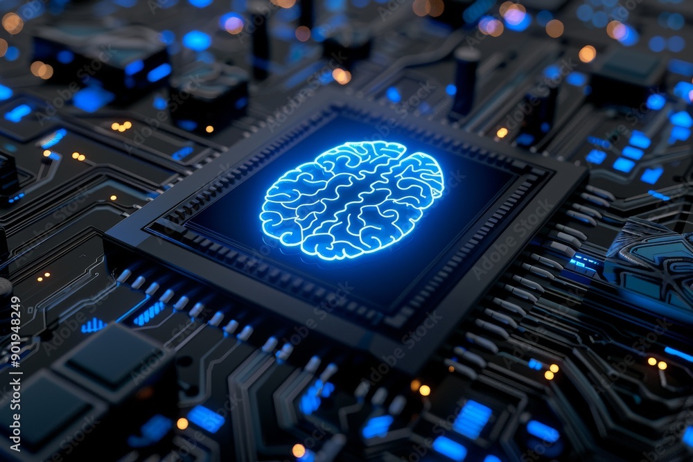 Poster futuristic brain with blue circuitry symbolizing advanced technology and digital intelligence