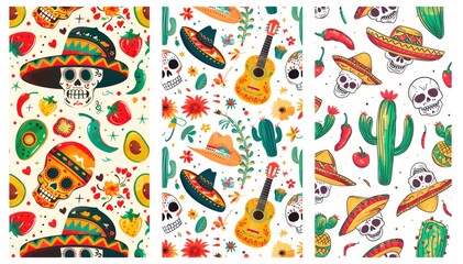 Patterned Illustrations Featuring Latin Skulls and Guitars, social media story background, used for Hispanic Heritage Month advertising.