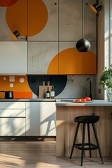 Modern kitchen interior with black cabinets, geometric backsplash, and wooden dining table