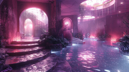 Obraz premium A pink and purple room with a water feature