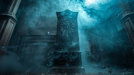 A clock tower in a dark, smokey room
